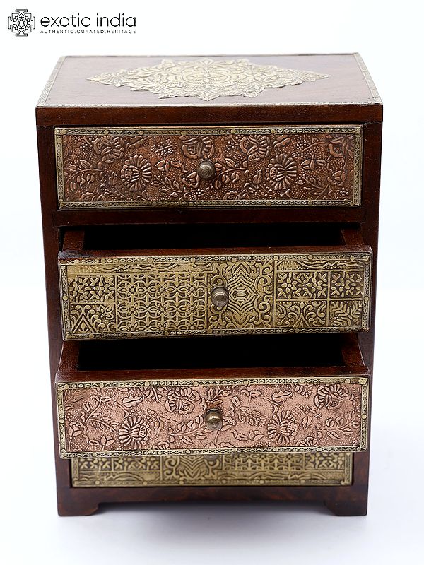 11"  Chest of 4 Drawers | Wood, Brass and Copper