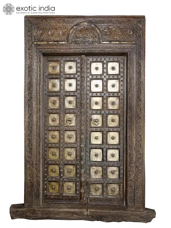 Antique Wooden Door with Ornate Frame and Brass Accents - 102" Height