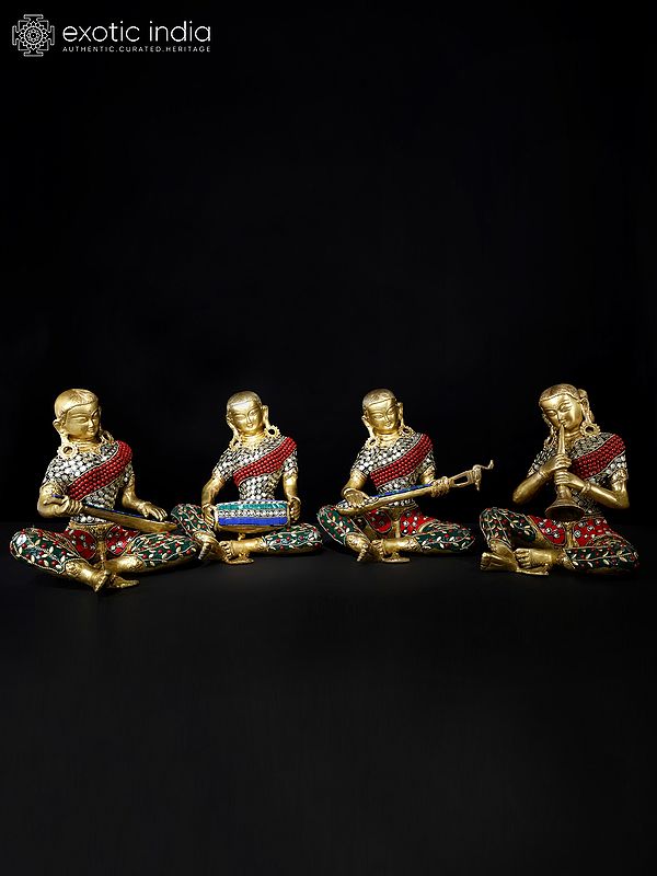 8" Female Folk Musicians | Set of Four | Brass Statues with Inlay Work
