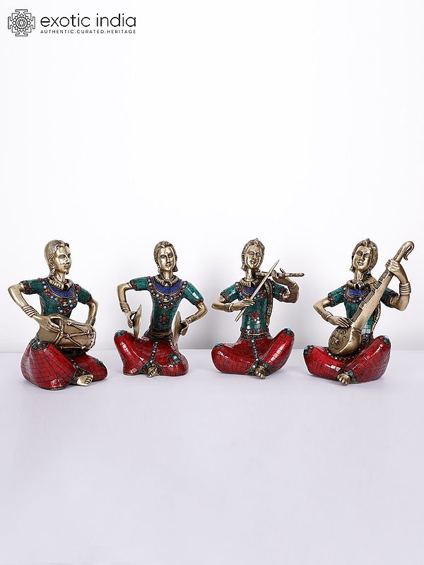 8" Lady Musicians | Set of Four | Brass Statues with Inlay Work