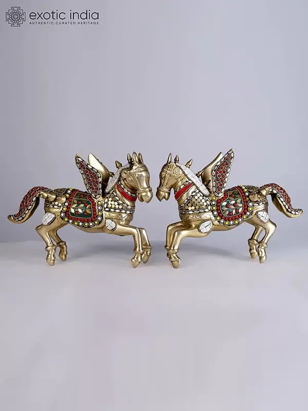 8" Pair of Two Unicorns | Brass Statues with Inlay Work | Interior Decoration