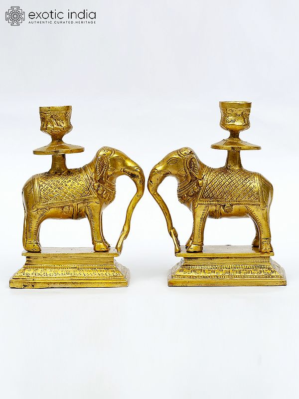6" Brass Pair of Elephant Candle Holders