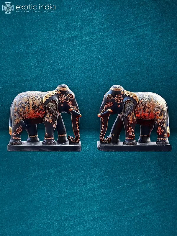 24” Pair Of Black Elephants | Handmade | Rajasthani Black Marble Statue