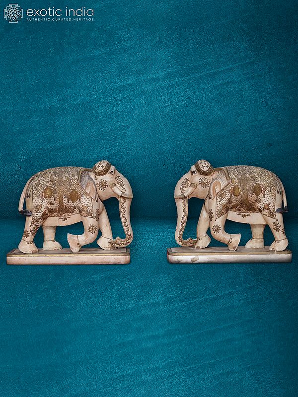 19” Pair Of White Elephants | Handmade | White Makrana Marble Statue