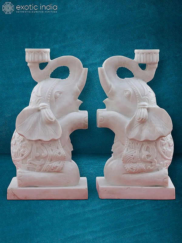 28” Pair Of Baby White Elephants | Handmade | White Makrana Marble Statue