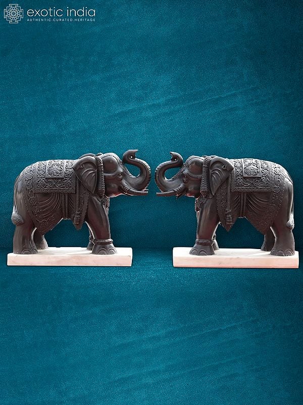 24” Pair Of Black Elephants | Rajasthan Black Marble | Handmade Statue