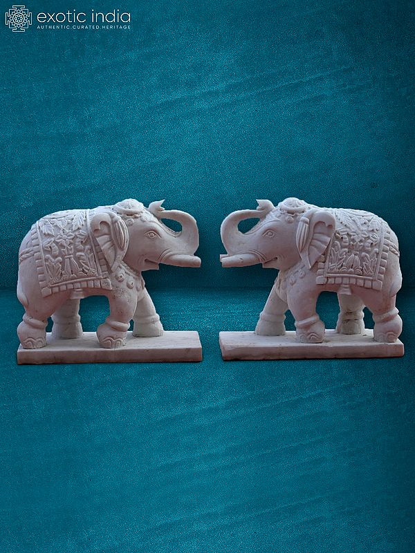 21” Pair Of White Elephants | Rajnagar White Marble | Handmade Statue