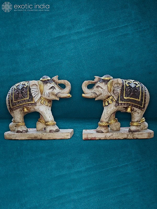 24” Pair Of White Elephants | Rajnagar White Marble | Handmade Statue