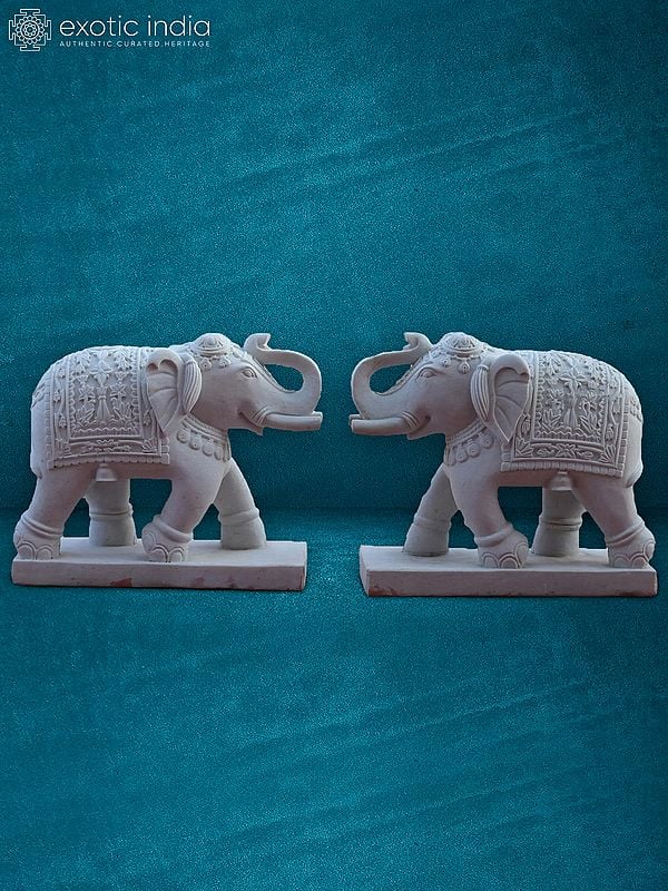 31” Pair Of White Elephants | Handmade Statue | Rajnagar White marble