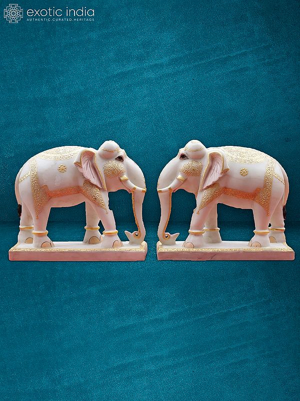 15” Pair Of White Elephants | Handmade Statue | White Makrana Marble