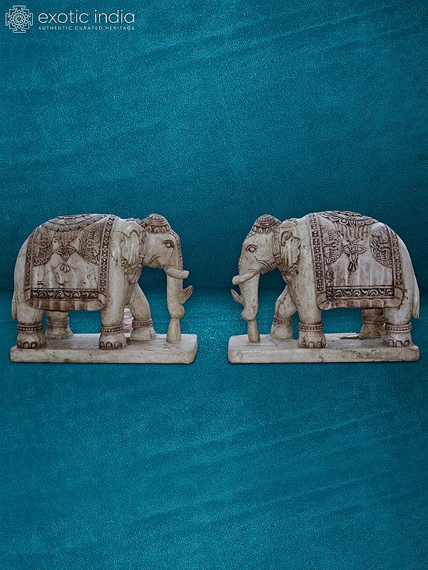 24” Pair Of White Elephant | Handmade Statue | Rajnagar White Marble