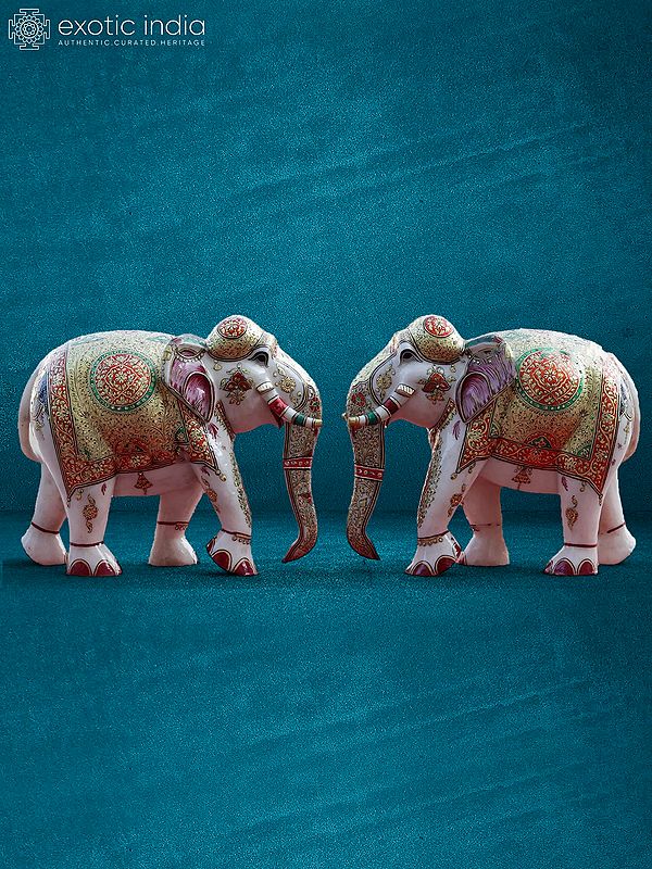 15” Pair Of White Elephant | Handmade Statue | White Makrana Marble