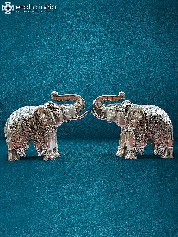 21” Pair Of Silver Elephant In Wooden & Silver Metal | Handmade Statue