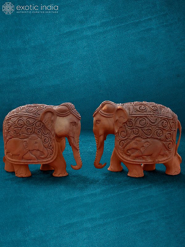 6” Pair Of Elephant In Wood | Wooden | Handmade Elephant Statue