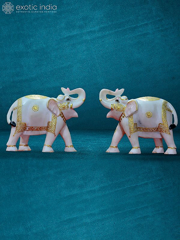 9” Pair Of Elephant Statue In White Marble | Handmade Statue