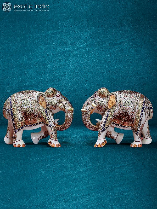 10” Meenakari Elephant Statue In White Marble | Handmade