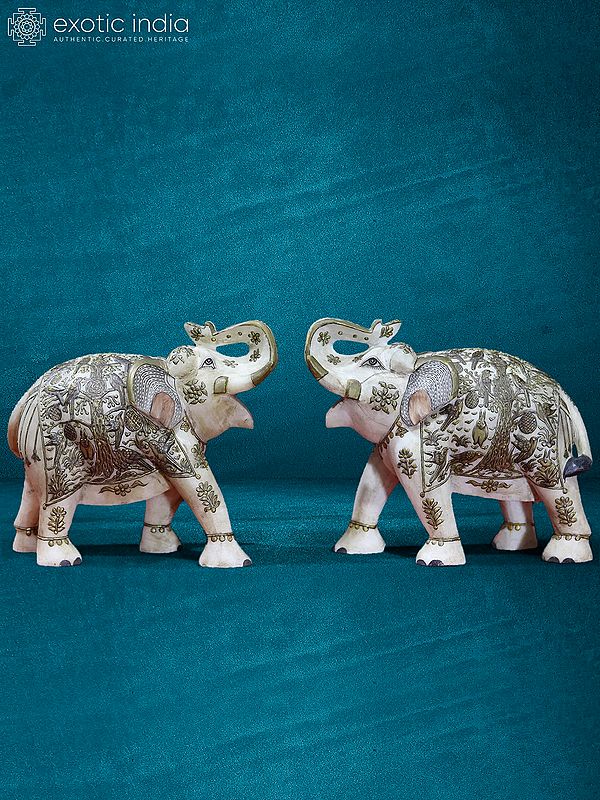 10” Pair Of Elephant Statue In White Marble | Handmade Statue