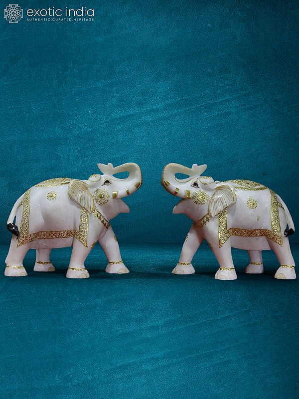 10” Pair Of Elephant Statue In White Makrana Marble | Handmade Statue