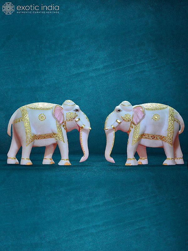 10” Pair Of Elephant In White Makrana Marble | Handmade Statue