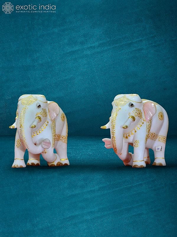 7” Pair Of Elephant In White Marble | Handmade Statue