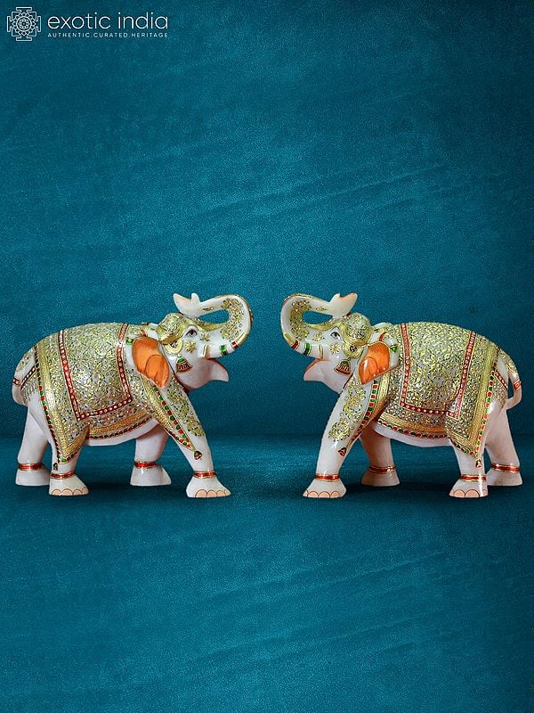 13” Pair Of Meenakari Elephant In White Marble | Handmade Statue