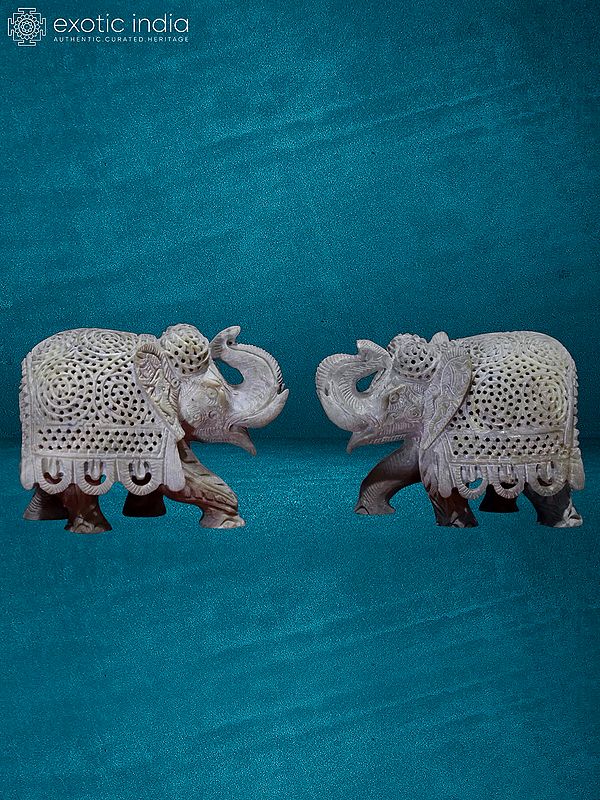 4” Pair Of Elephant Jali Statue In Stone | Handmade | Stone Statue