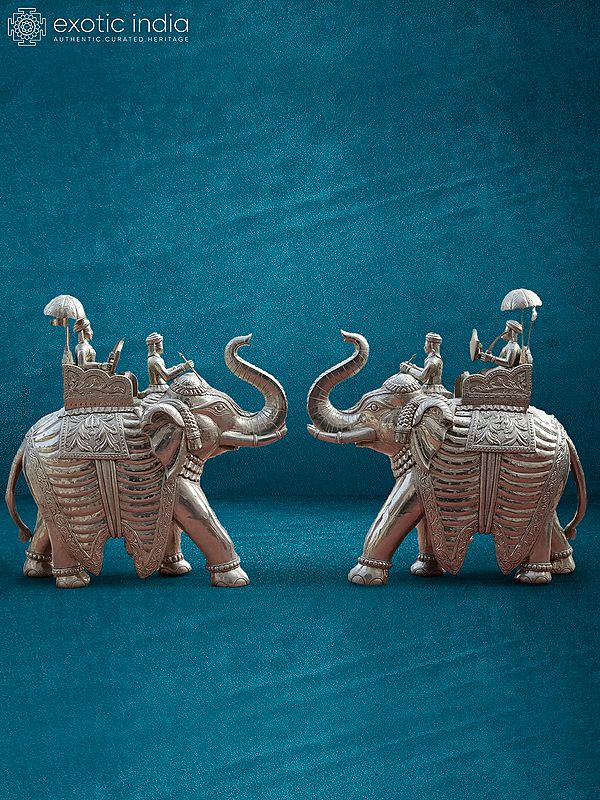 41” Pair Of Silver Elephant In Wooden & Silver Metal | Handmade Statue