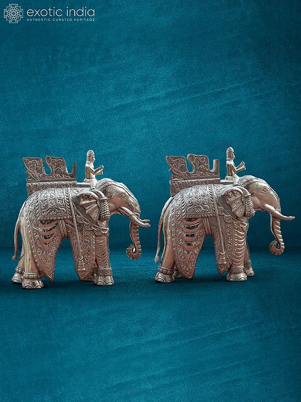 36” Pair Of Silver Elephant In Wooden & Silver Metal | Handmade Statue