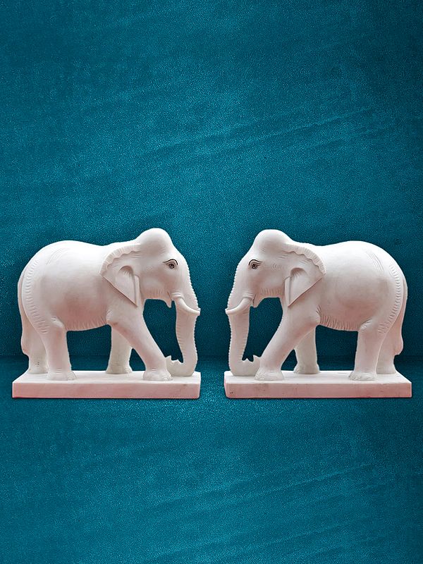 24” Pair Of Elephant In White Makrana Marble | Handmade Statue