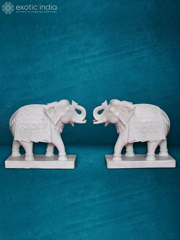 18” Pair Of Elephant In White Makarana Marble | Handmade Marble Statue