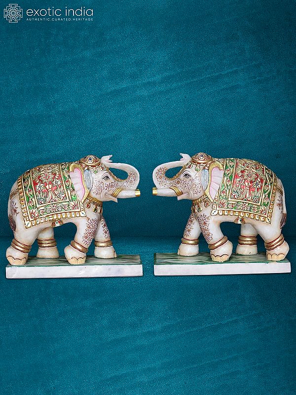 24” Pair Of Elephant In White Makrana Marble | Handmade Statue