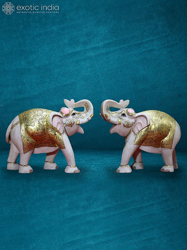 21” Pair Of Elephant In White Makarana Marble | Handmade | Marble Statue