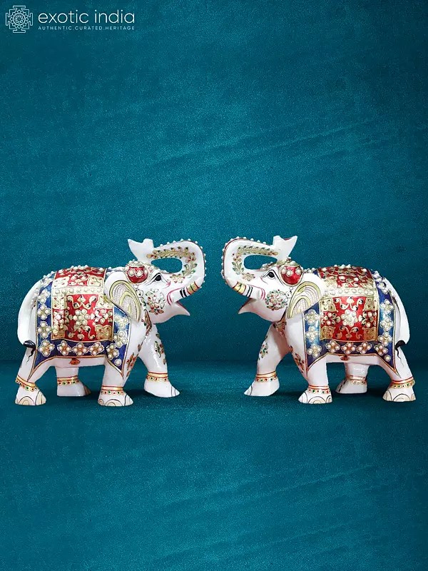 10” Pair Of Meenakari Elephant Statue In White marble | Handmade Statue