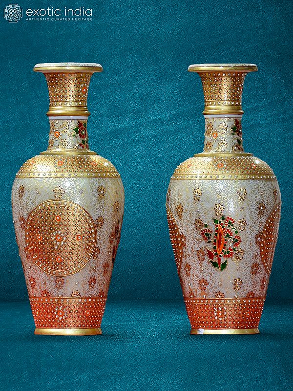 21” Pair Of Meenakari White Marble Flower Vase | Home Décor | Handmade