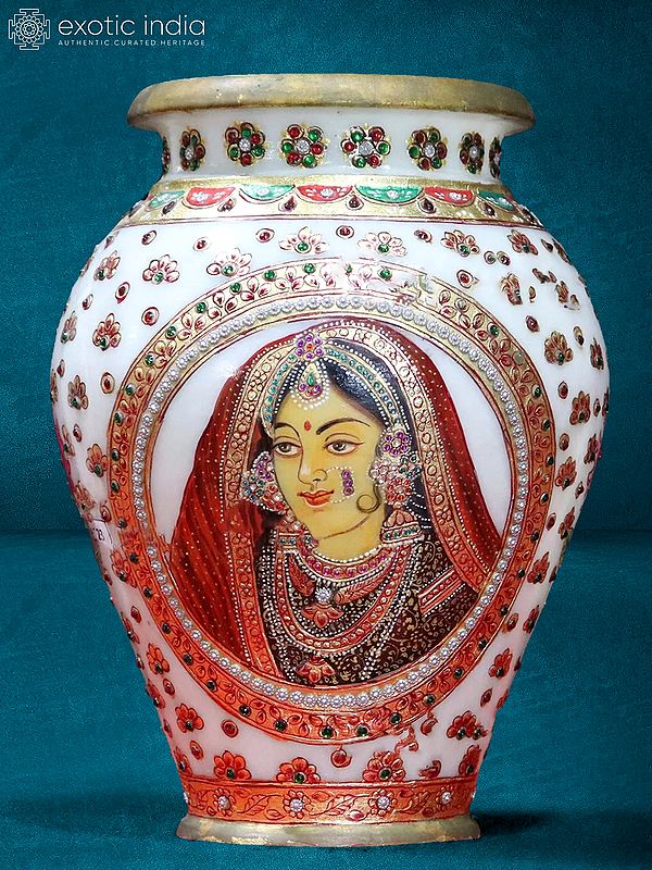 14” Rajasthani Figure Design White Marble Vase | Handmade | Home Décor