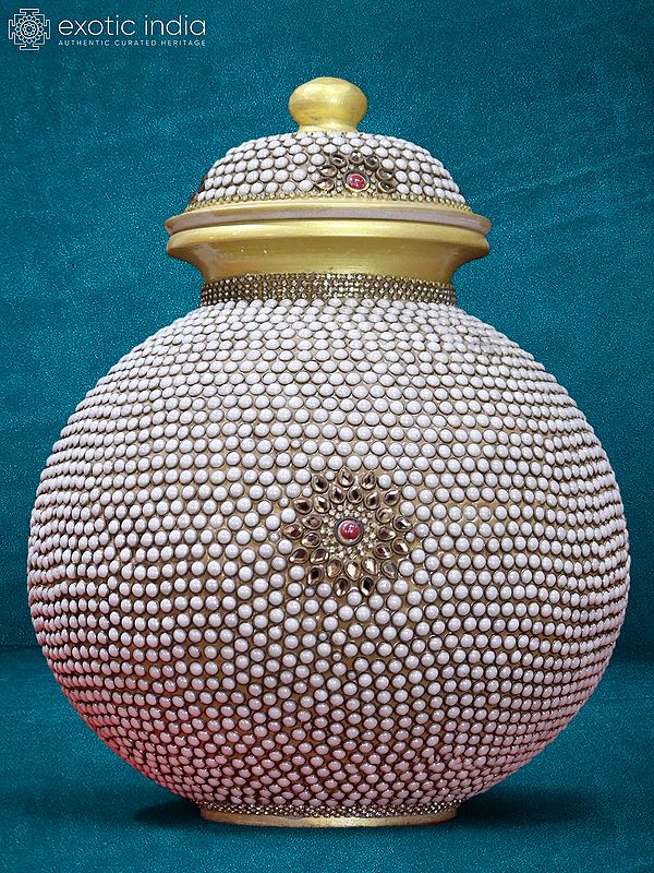 14” Pearl Work White Marble Pot | Handmade | Stone Work | Home Décor