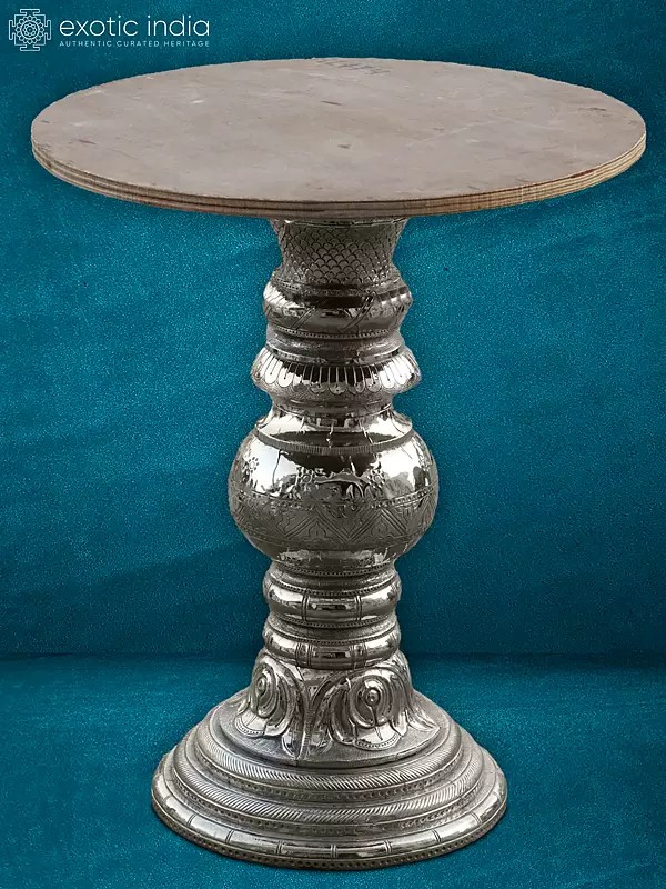 27” Stand In Wooden & Silver Metal | Home Décor | Designer Round Table