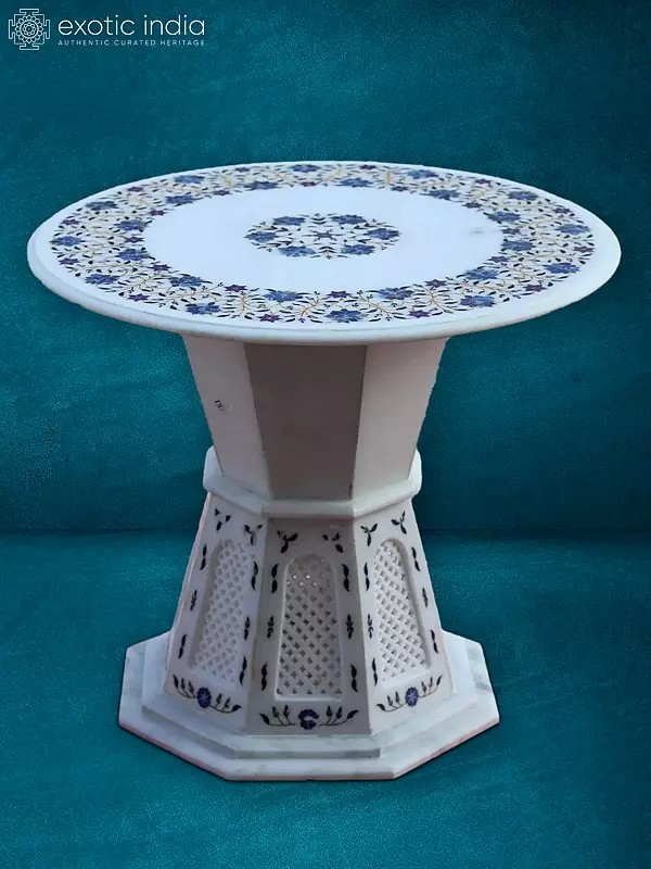 20” Inlay Stand In White Makrana Marble | Handmade Round Table | Home Décor