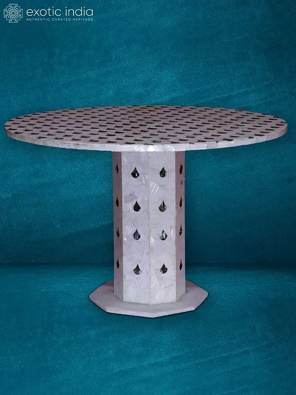 18” Inlay Stand In White Makrana Marble | Handmade Round Table | Home Décor