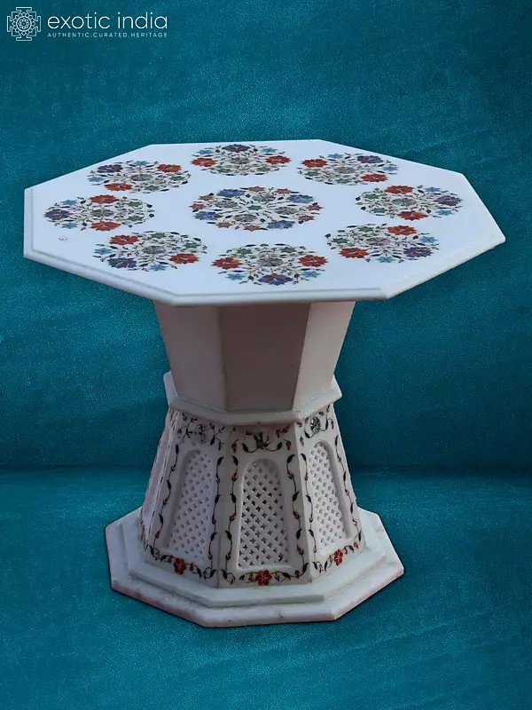 19” Inlay Stand In White Makrana Marble | Handmade Designer Round Table | Home Décor