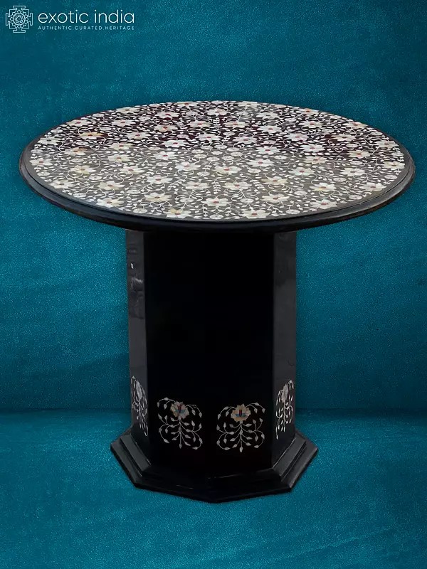 29” Inlay Stand In Kaddpa Black Marble | Handmade Designer Round Table | Home Décor