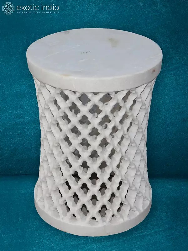 16” Jali Stand In White Marble | Handmade Designer Stand | Home Décor