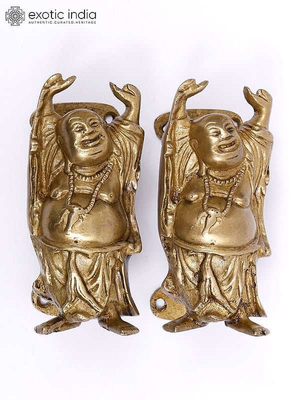 5" Pair of Laughing Buddha Door Handles in Brass