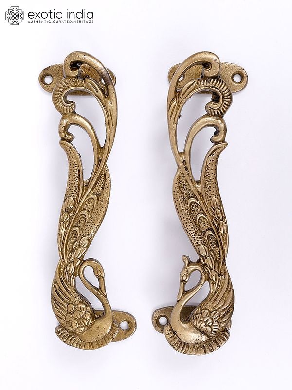 7" Pair of Swans Brass Door Handles