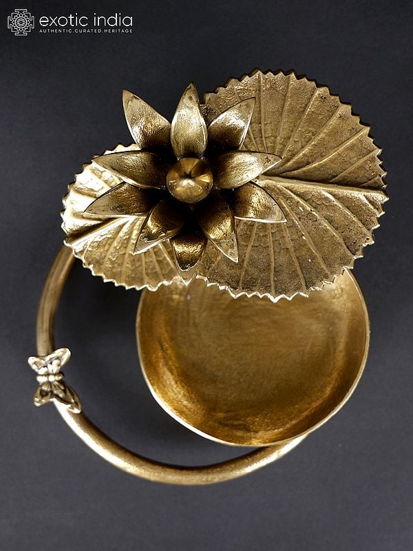 8" Brass Flower Design Urli with Butterfly | Home Decor
