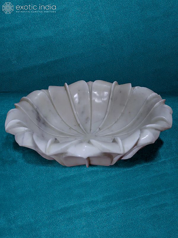 15” Flower Bowl Rajasthan White Marble | Flower Design | Handmade Kitchen Bowl