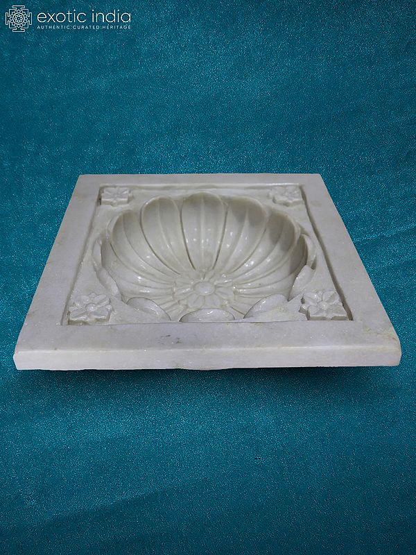 15” Rajasthan White Marble Flower Bowl | Handmade | Home Decor