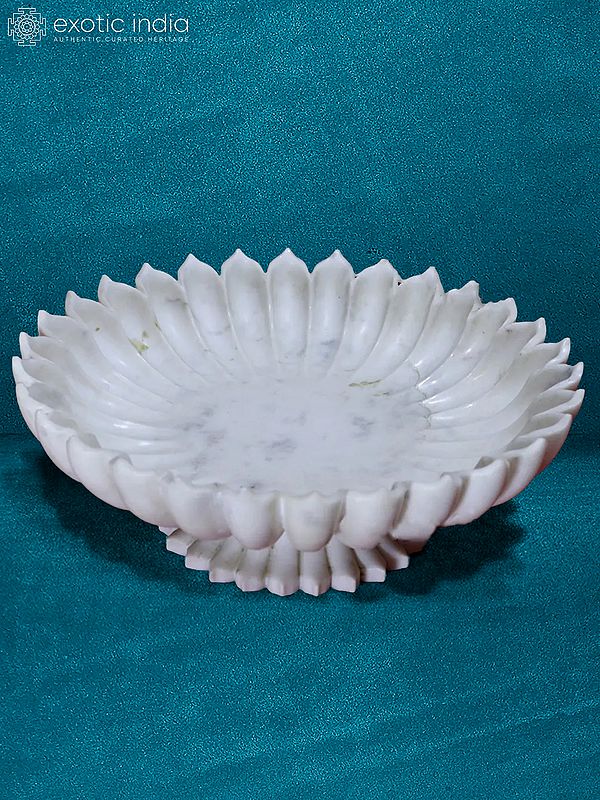 12” Rajasthan White Marble Flower Bowl | Handmade | Designer Bowl