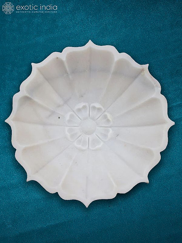 12” Rajasthan White Marble Bowl | Handmade | Flower Design Bowl