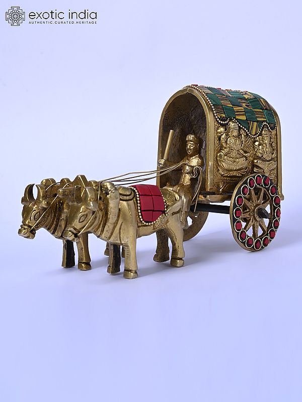 7" Brass Bullock Cart with Ganesha - Lakshmi Carving | Table Decor
